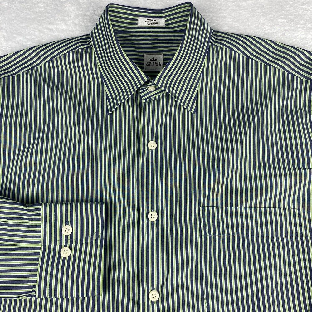 Peter Millar Shirt Mens Medium Blue/Green Stripes Regular Fit